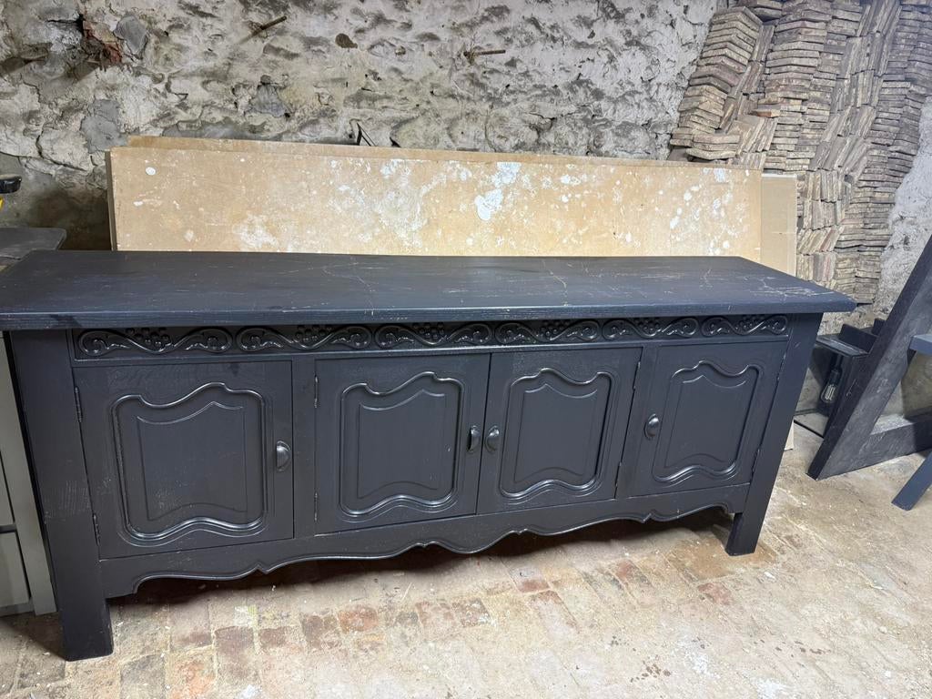 Buffet en chêne massif peint noir – 4 portes, Enlèvement, Comme neuf, Chêne