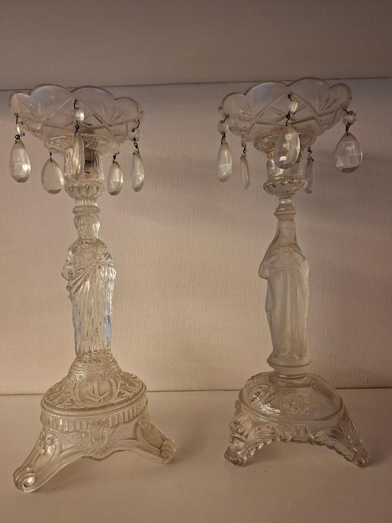 Antieke glazen kandelaars Maria en Jozef, Enlèvement, Verre