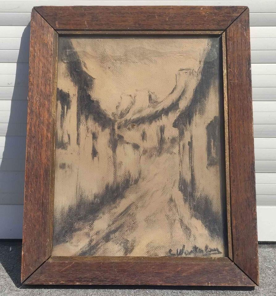 Fusain ruelle signe Georges wasterlain, Antiek en Kunst, Kunst | Tekeningen en Fotografie, Ophalen of Verzenden