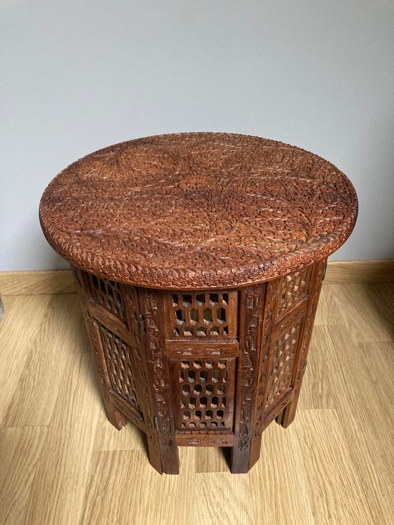 Handgesneden Anglo-Indiase Bijzettafel (Kashmir Stijl), Huis en Inrichting, Ophalen, Zo goed als nieuw, Hout