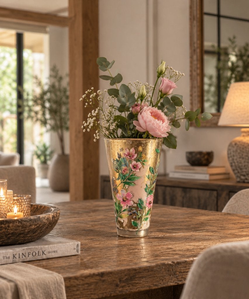 Handgedecoreerde glazen vaas met bloemen, 30 cm, Nieuw, Ophalen of Verzenden, Roze
