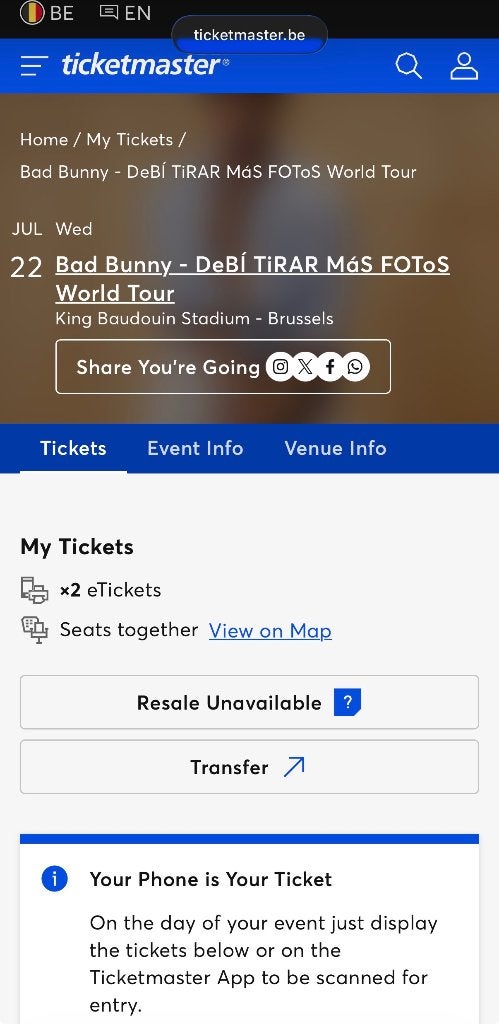 Tickets x 2 Bad Bunny Bruxelles, Tickets en Kaartjes, Concerten | Overige, Twee personen, Juli