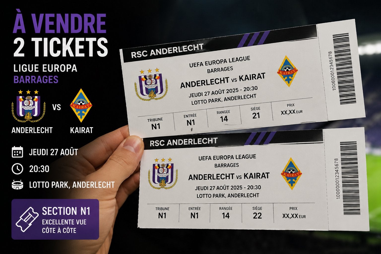 2 Tickets Anderlecht Kairat europa league, Enlèvement ou Envoi, Comme neuf