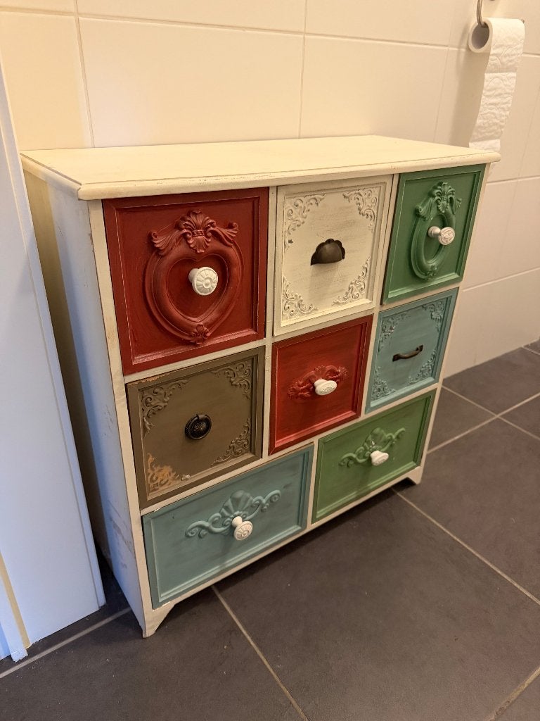 Klein bijzetkastje met 8 lades (vintagelook), Ophalen, Gebruikt, 5 laden of meer, 50 tot 100 cm
