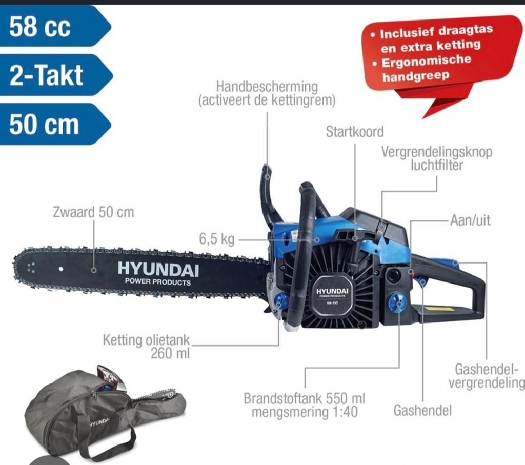 Te koop Hyundai kettingzaag 58cc benzine, Ophalen, HYUNDAI, Kettingzaag, Zo goed als nieuw