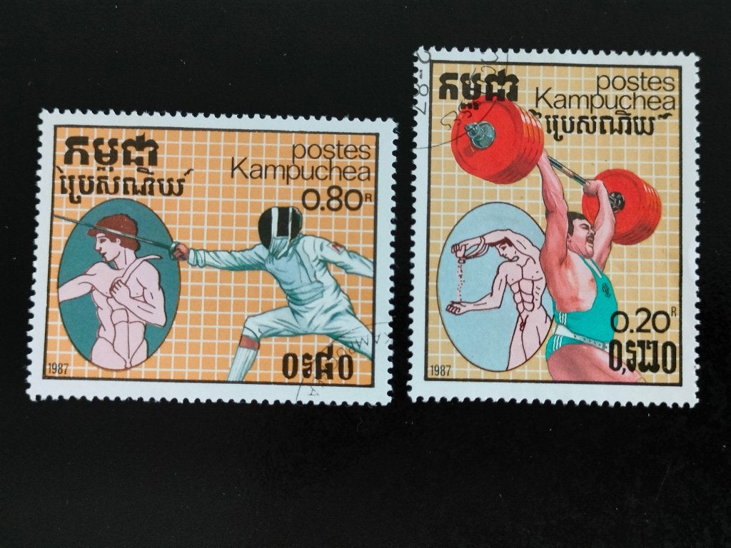 Cambodja 1987 - sport, schermen, gewichtheffen, Verzenden, Gestempeld, Zuidoost-Azië