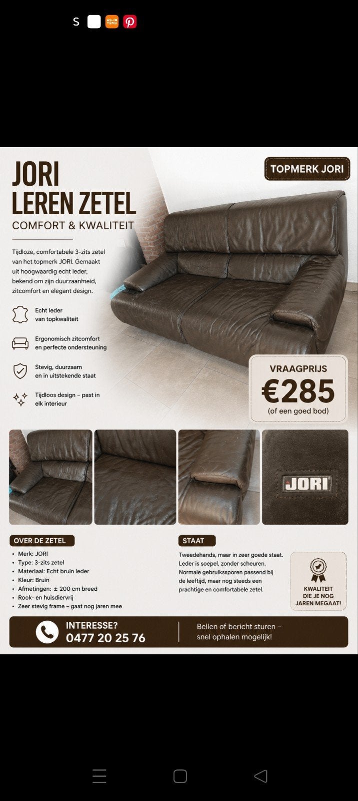 A vendre : Fauteuil 2 places JORI en cuir — Qualité supérieu, Enlèvement