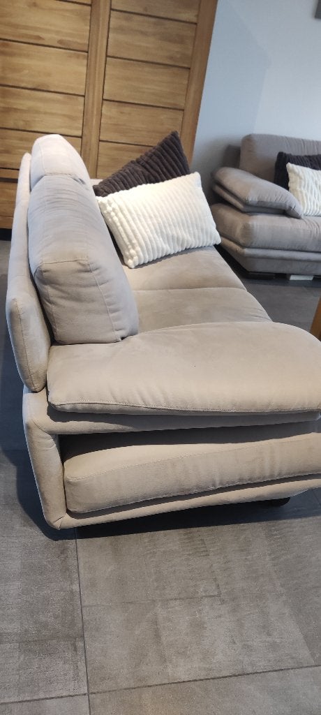 Modern Salon 3 zit en 2 zit taupe stof, Ophalen, 250 tot 300 cm, Gebruikt, Modern design. Licht grijs/taupe