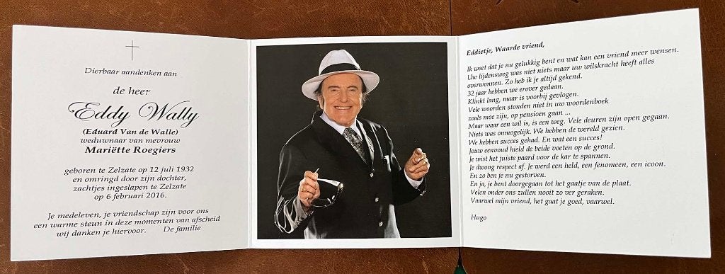 Bidprentje van de bekende Vlaamse zanger Eddy Wally, Verzamelen, Bidprentjes en Rouwkaarten, Verzenden, Bidprentje