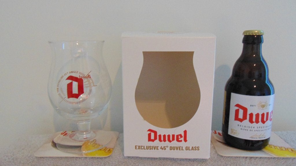 Duvel  Exclusieve 45 graden glas + 1 Duvel + Viltjes, Ophalen of Verzenden, Zo goed als nieuw, Glas of Glazen, Duvel
