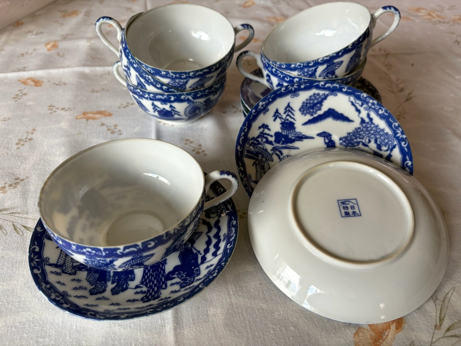 Vintage Japans Blauw-Wit Porseleinen Koffieservies – 4 delig, Ophalen of Verzenden
