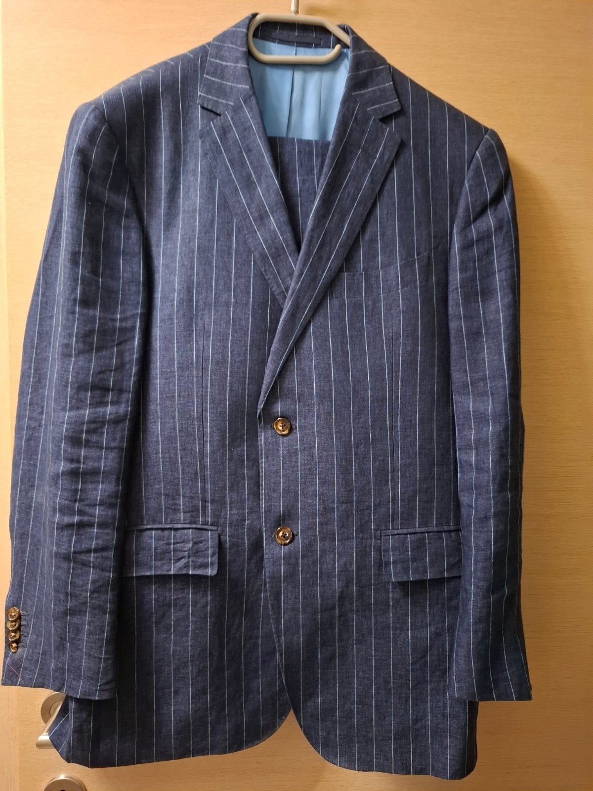 mooi heren kostuum in linnen. mt zie foto's, Kleding | Heren, Ophalen, Zo goed als nieuw, Maat 52/54 (L), Blauw