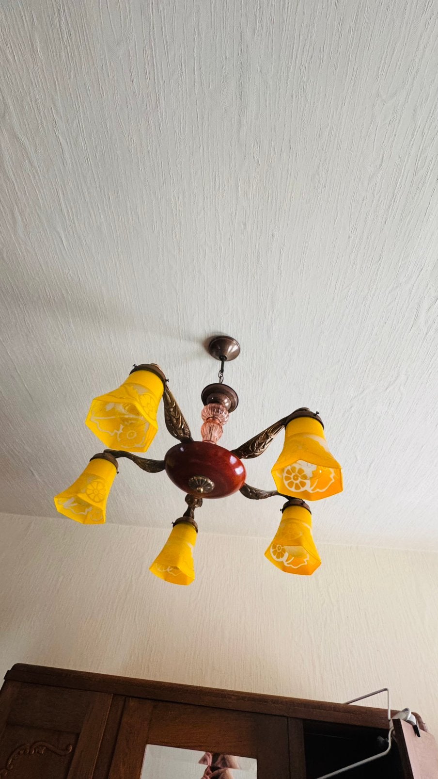 Vintage plafondlamp met 5 glazen kapjes, Antiek en Kunst, Ophalen