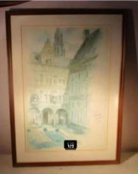 Mooi Oud Aquarel 'Achter de Kathedraal' - 1916, Ophalen of Verzenden, Gedateerd, Aquarel, Papier
