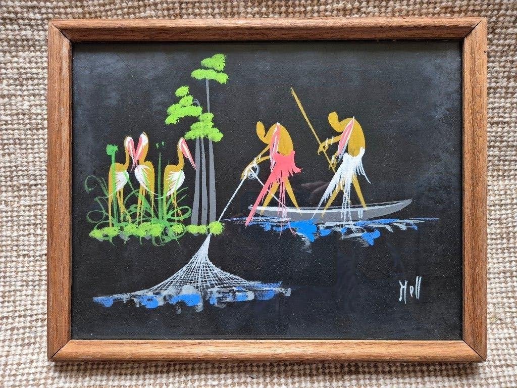 Art populaire Congo belge peint à la main vers 1950 vintage, Antiquités & Art, Tableau, Enlèvement ou Envoi, Verre, Afrique