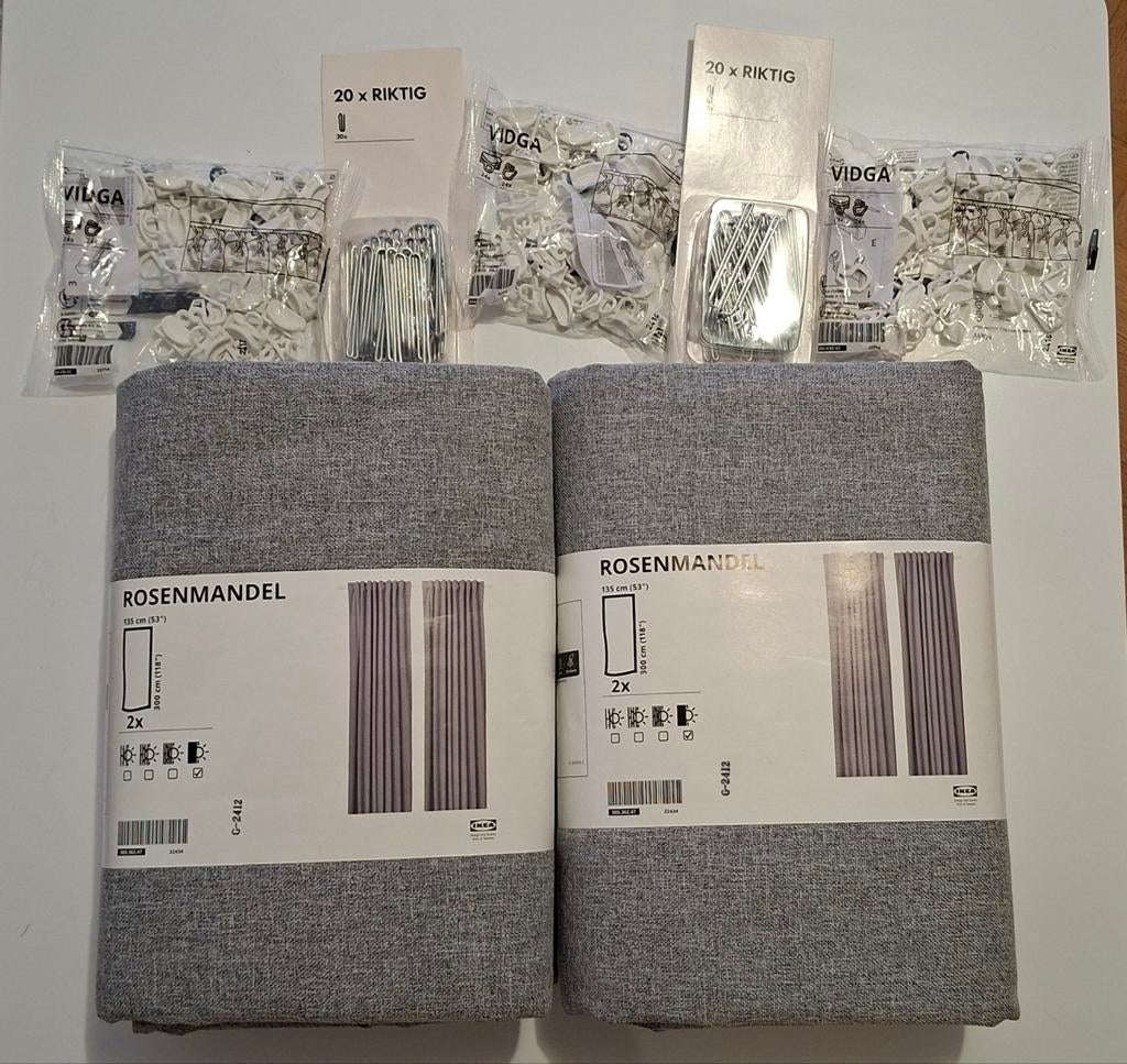 Ensemble rideaux Rosenmandel, galets VIGDA et crochet RIKTIG, Neuf, Gris, 100 à 150 cm, Enlèvement