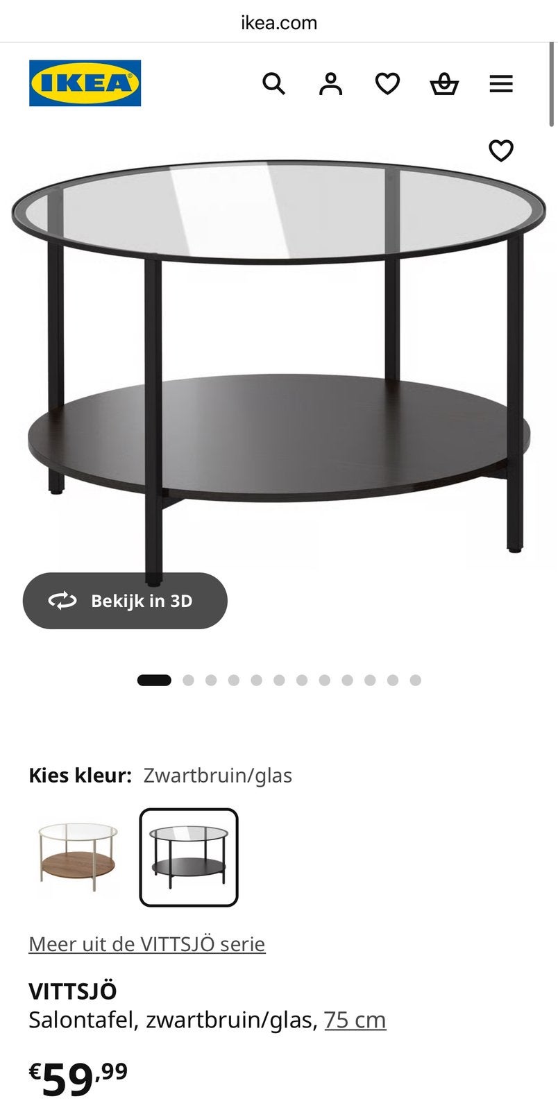 IKEA VITTSJÖ Salontafel Zwartbruin/Glas 75 cm, Enlèvement, Utilisé, Rond, Verre