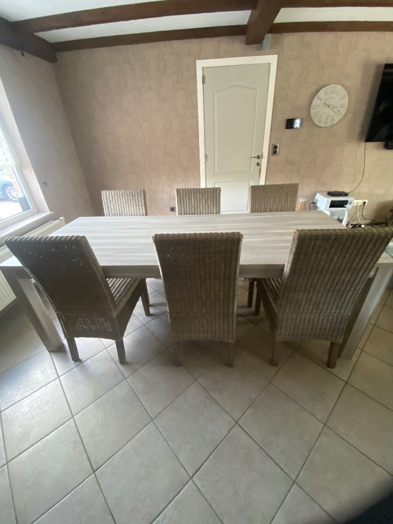 Eettafel met zes rieten stoelen., Enlèvement, Comme neuf, Rectangulaire, Modern