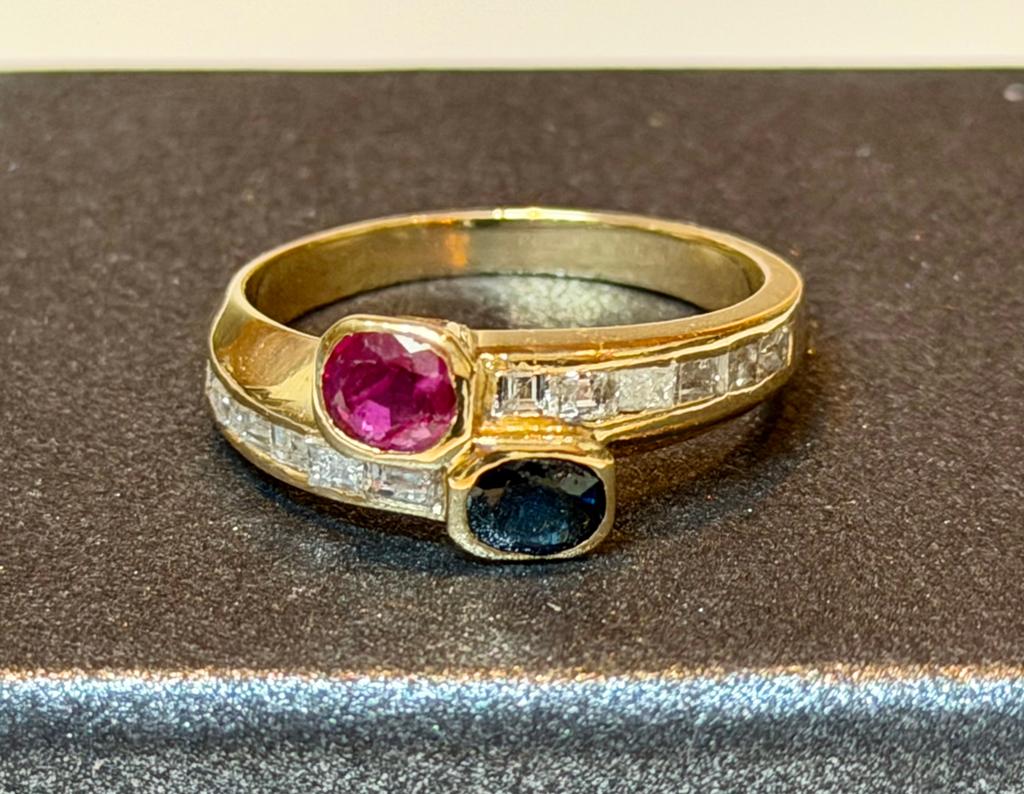 18K gouden ring met natuurlijke diamanten, saffier, robijn!, 19 tot 20, Geel, Ophalen of Verzenden, Met edelsteen