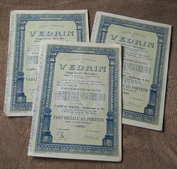 Titres de la société anonyme de Vedrin - Saint-Marc Namur, Postzegels en Munten, Aandelen en Waardepapieren, Ophalen of Verzenden
