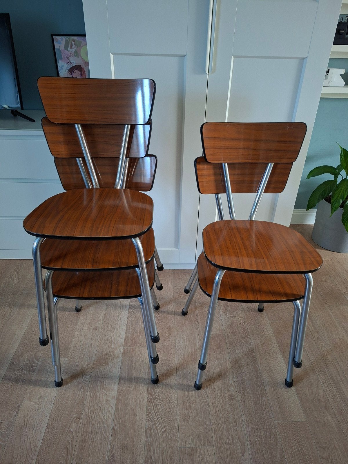 Lot de 5 chaises vintage type Formica, Brun, Enlèvement, Bois, Cinq, Six Chaises ou plus
