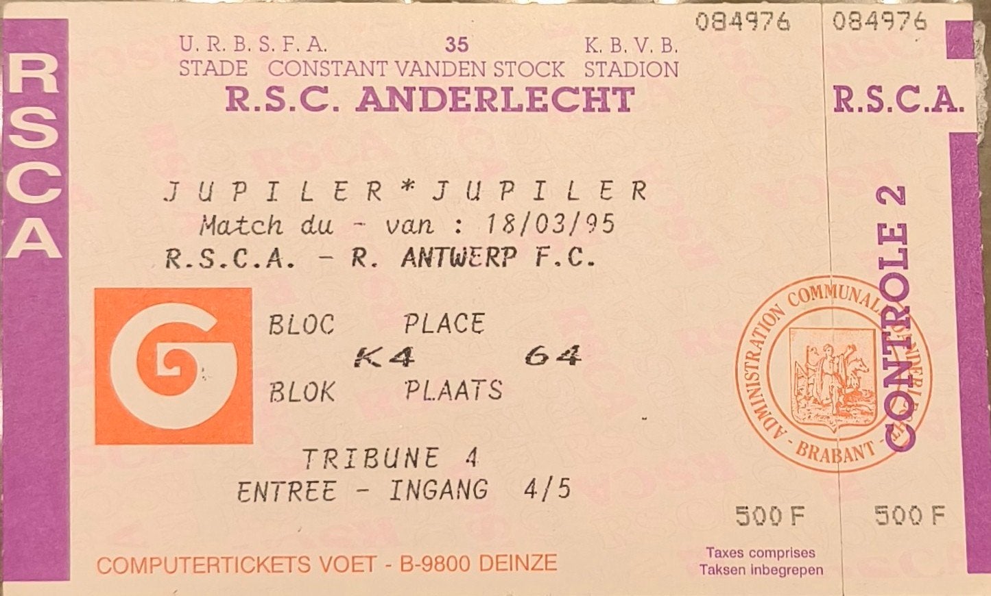 ticket 1995 Anderlecht Antwerp, Tickets & Billets