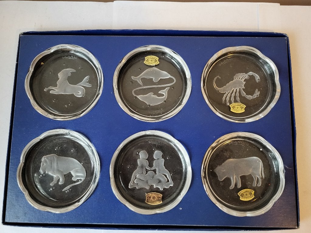 6 Sous-verres Cristal Val St Lambert - Série Zodiaque, Antiquités & Art, Enlèvement ou Envoi