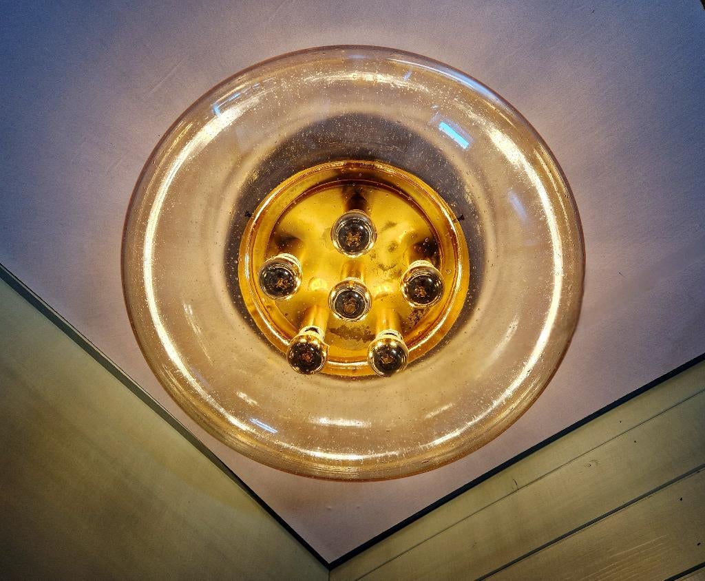 Grote plafondlamp in messing en bubbelglas,Glashütte Limburg, Antiek en Kunst, Ophalen of Verzenden
