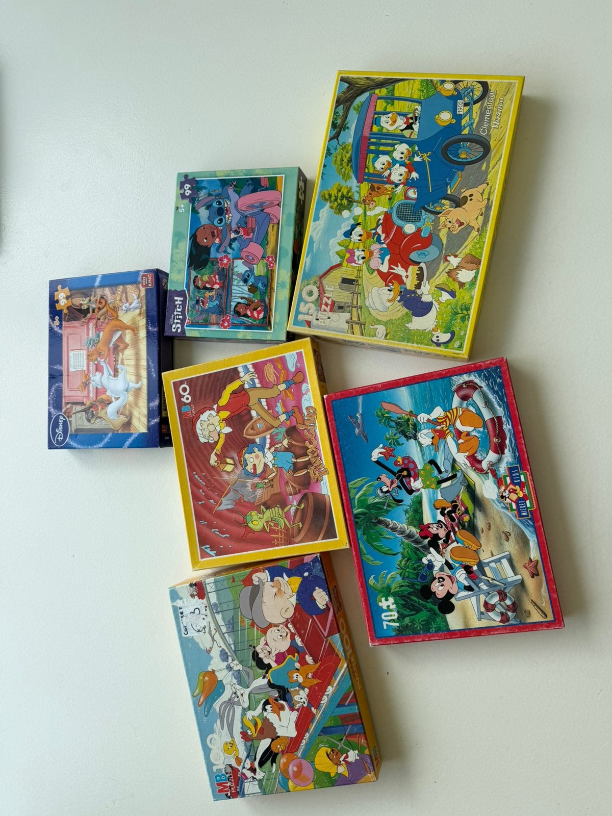 6 kinder-/Disney puzzels – Stitch, Mickey, Donald e.a., Enlèvement, Plus de 50 pièces, Utilisé, 4 à 6 ans