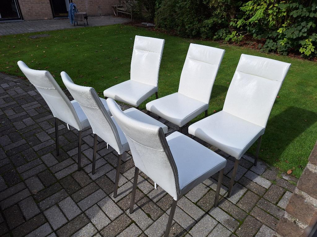 6 lederen eetkamer stoelen, Huis en Inrichting, Ophalen, Gebruikt, Wit, Leer