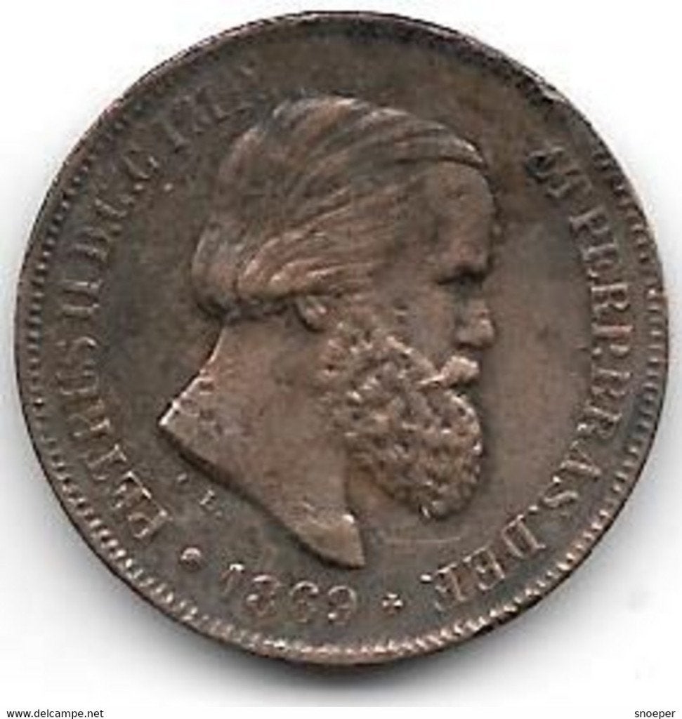 brazil 10 reis 1869 km 473 vf+, Postzegels en Munten, Munten | Amerika, Verzenden, Zuid-Amerika, Losse munt