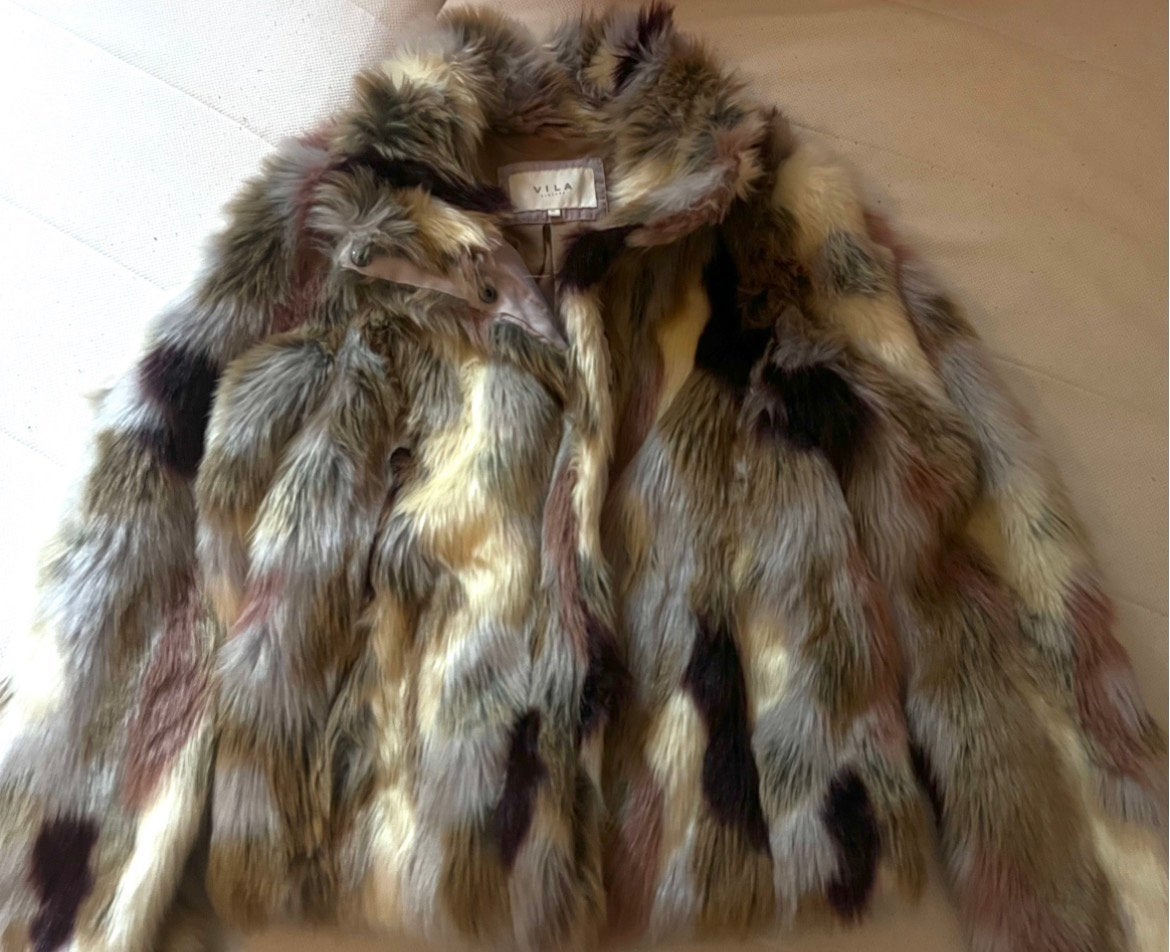 Furry Coat y2k Jas met vacht, Kleding | Dames, Jassen | Winter, Verzenden, Zo goed als nieuw, Maat 36 (S), Meerkleurig