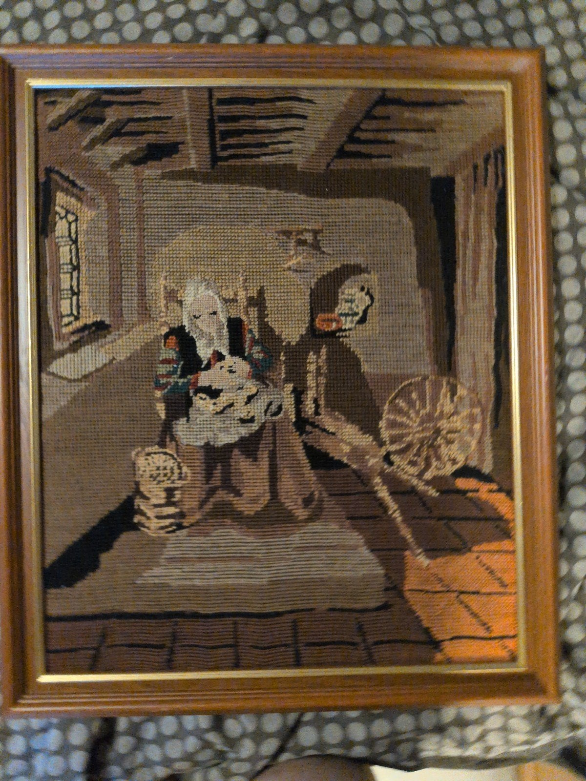 Vintage Geborduurd Schilderij – "De Spinnende Vrouw" (incl., Enlèvement ou Envoi, Classique
