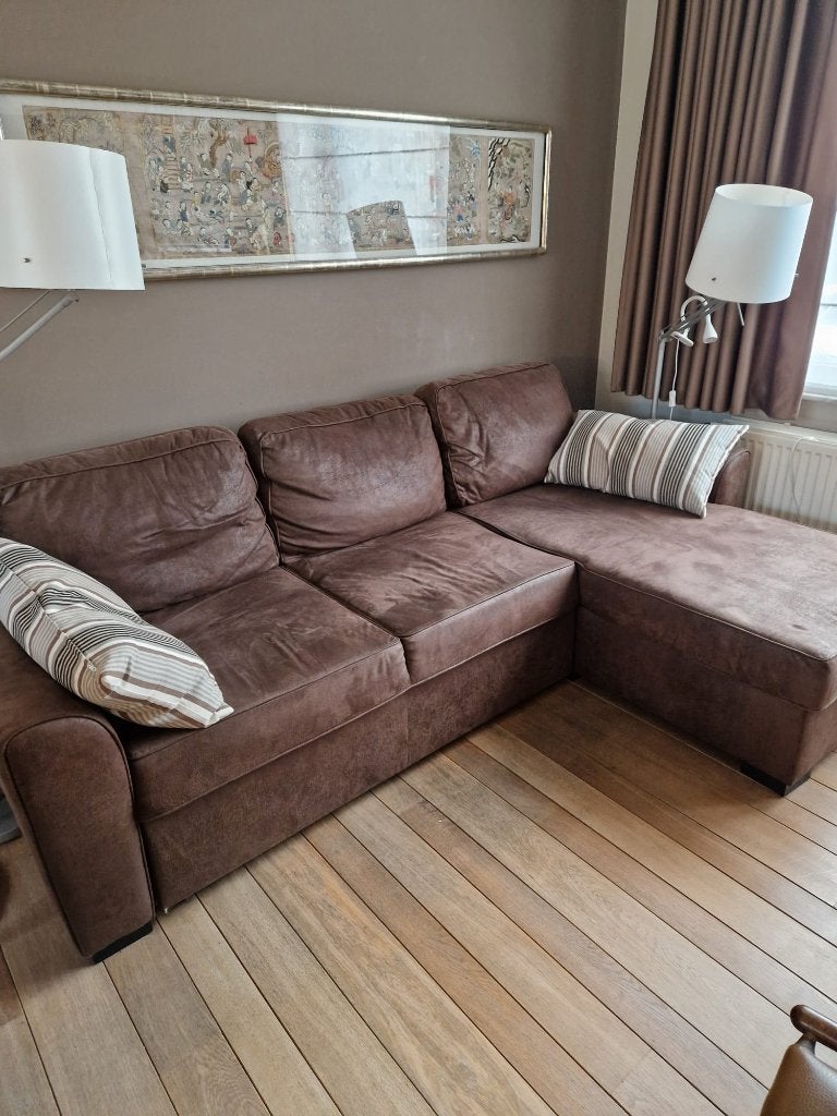 Donkerbruine hoekzetel / zetelbed 225 cm met opbergruimte, Ophalen, Gebruikt, Stof