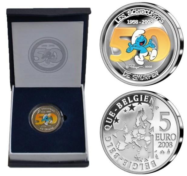 Zilveren 5 euro België 2008 Smurfen gekleurd, Postzegels en Munten, Ophalen of Verzenden, België, 10 euro