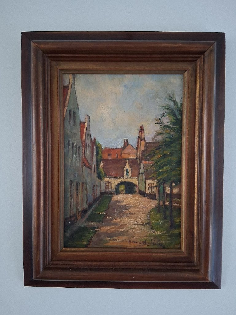 Peinture tableau ancien Bruges Béguinage signé, Antiquités & Art, Peinture à l'huile, Panneau, Signé, Paysage urbain / rural
