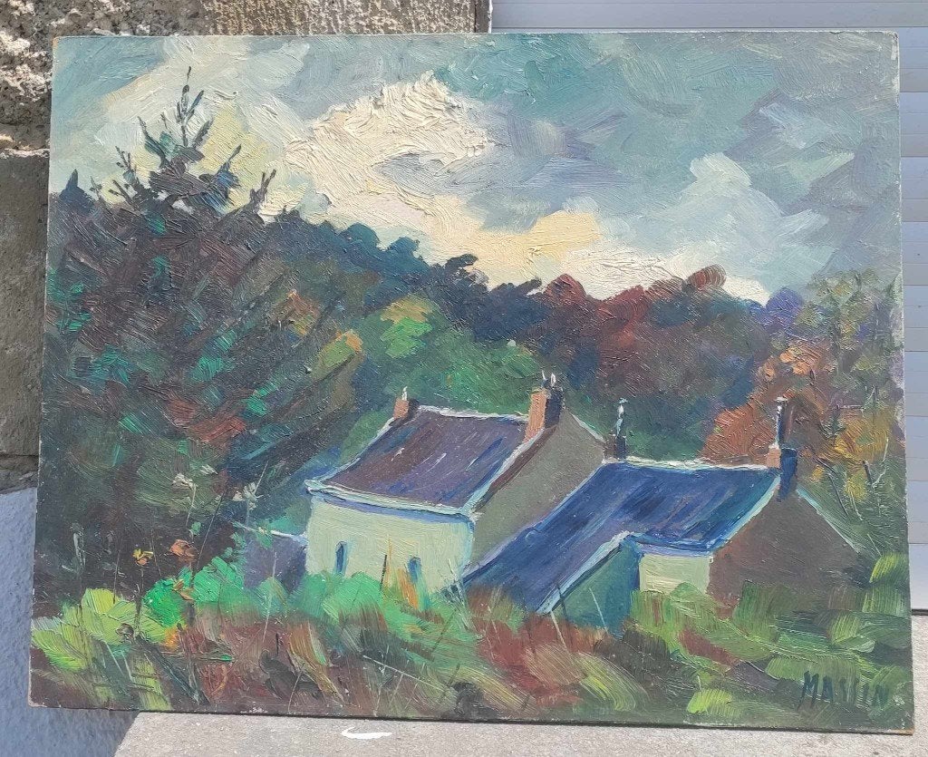 huile sur panneau maison signe monique massin, Enlèvement ou Envoi, Panneau