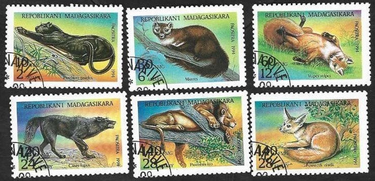 6 Postzegels Madagaskar 1994 Roofdieren, Ophalen of Verzenden, Overige landen, Gestempeld