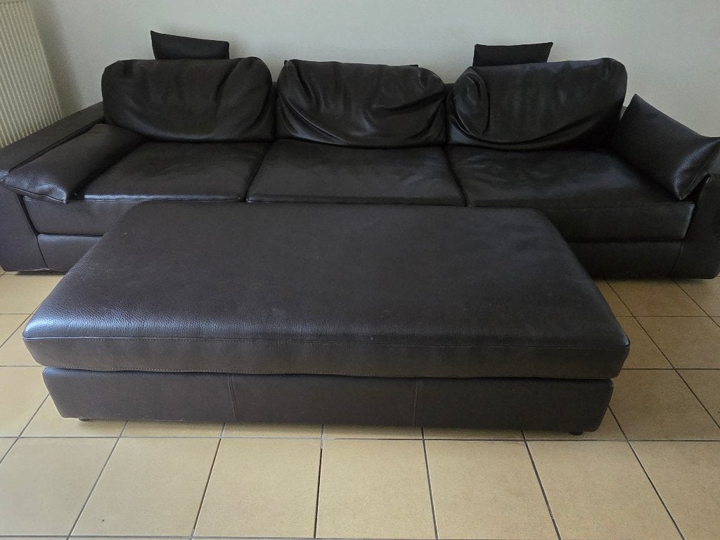 Bankstel, Ophalen, Zwart Leer, Gebruikt, 300 cm of meer