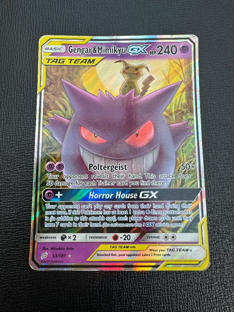 Gengar mimikyu gx tag team team up, Ophalen of Verzenden, Gebruikt, Losse kaart, Foil