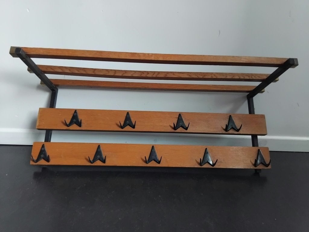 Vintage houten wandkapstok met hoedenplank jaren '50, Huis en Inrichting, Ophalen, Gebruikt, Hout, Wandkapstok
