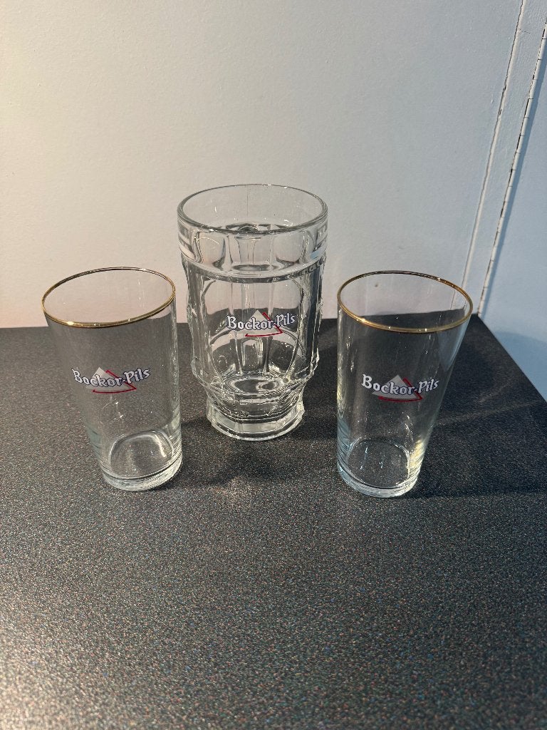 3 originele Bockor Pils bierglazen – vintage set, Ophalen, Zo goed als nieuw, Bierglas