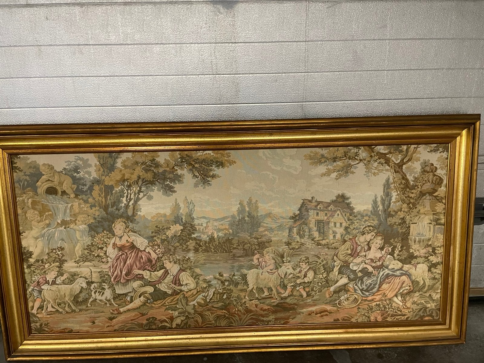 Antiek handgeweven wandtapijt in vergulde kader, Ophalen, Impressionistisch, Overige technieken, Landschap