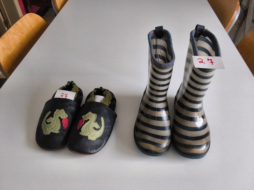 Bottes pluie OKAÏDI /chaussons cuir enfants CAROZOO - Pt. 27, Enlèvement ou Envoi, OKAIDI/CAROZOO, Utilisé, Bottes