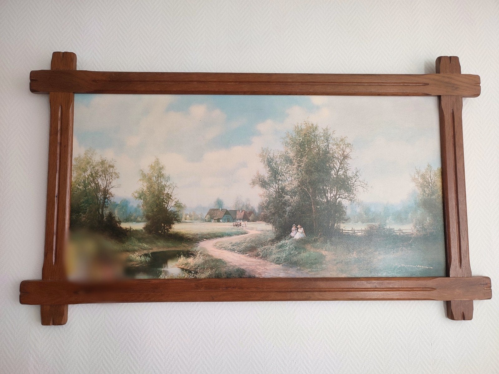 Grand tableau Paysage de campagne, 120x70cm, cadre bois, Antiek en Kunst, Ophalen, Landschap