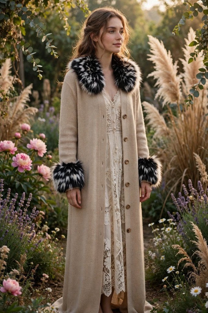 Manteau long beige, superbe fourrure noire et blanche, Neuf, Taille 38/40 (M), Beige, Zimmermann