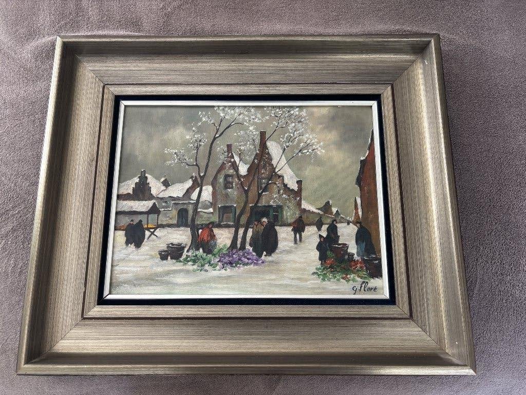 Schilderij olieverf winters tafereel, Antiquités & Art, Art | Peinture | Classique, Peinture à l'huile, Enlèvement, Paysage urbain / rural