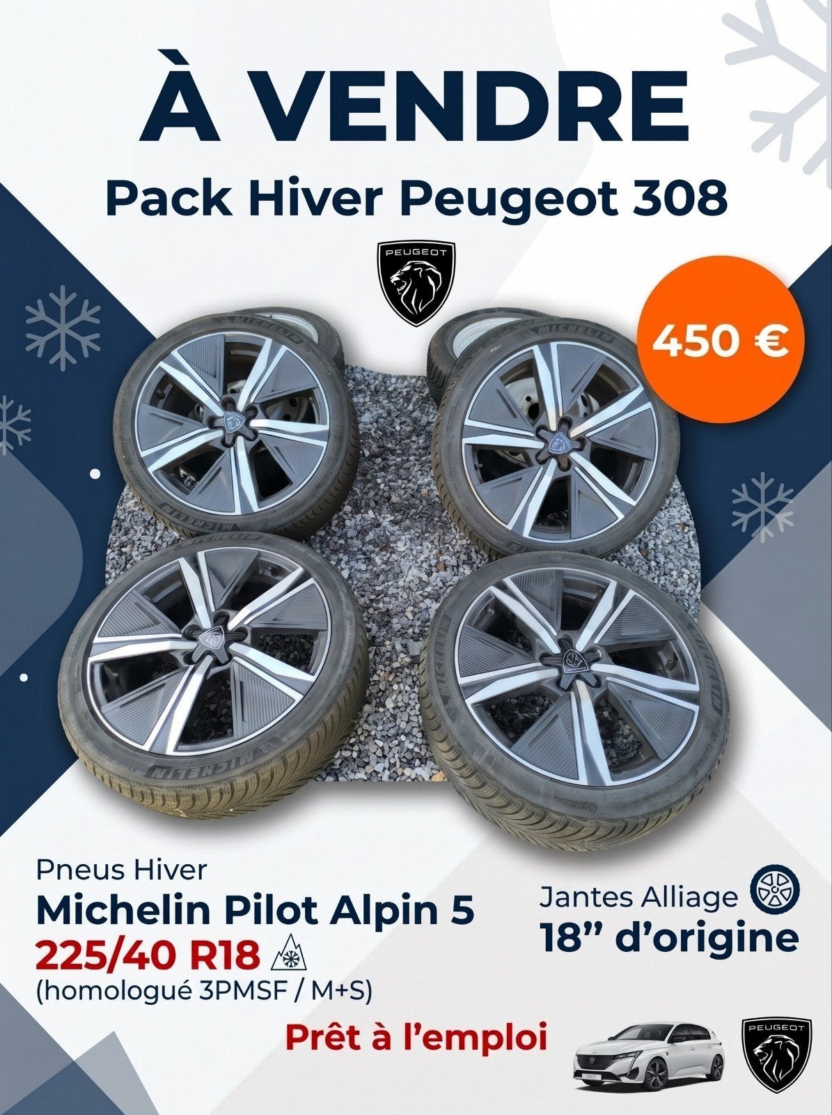 Pack 4 Jantes PEUGEOT 18" + Pneus Hiver Michelin Alpin, Ophalen, 18 inch, Winterbanden, Band(en)