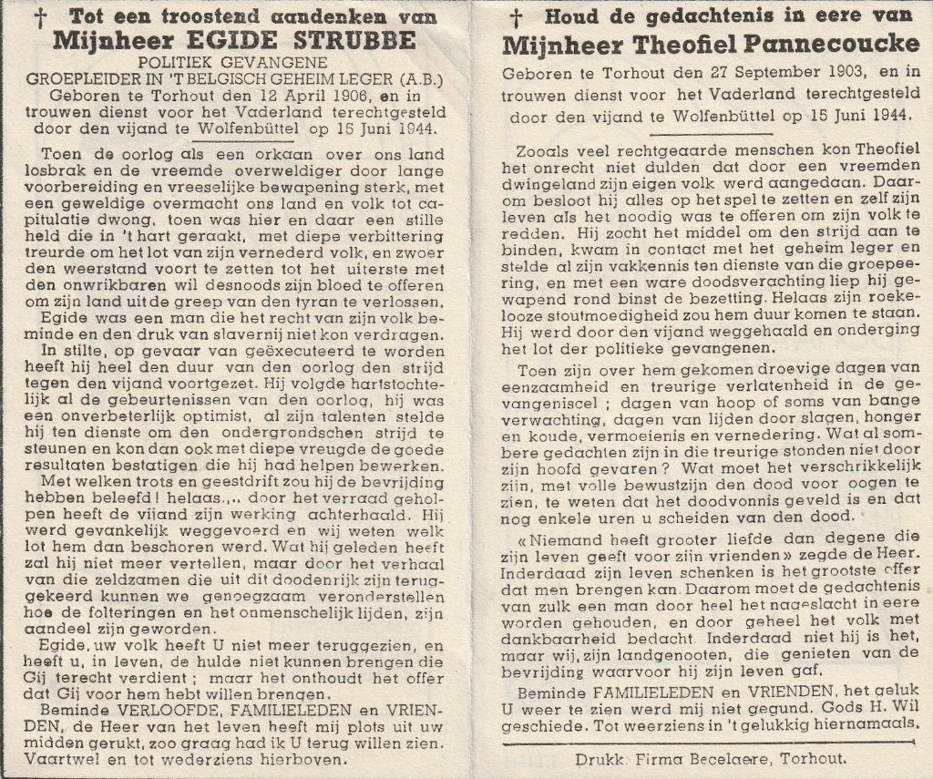 Concentratiekamp 1944 Egide Strubbe - Theofiel Pannecoucke, Verzamelen, Ophalen of Verzenden