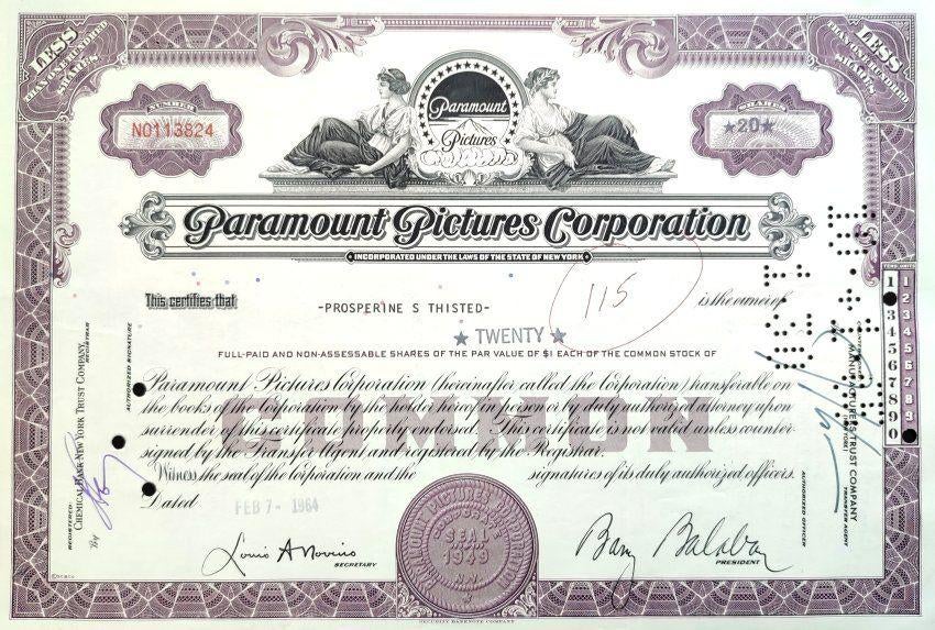 Paramount Pictures aandeel uit 1964, Postzegels en Munten, Aandelen en Waardepapieren, Ophalen of Verzenden, 1950 tot 1970, Certificaat van aandeel